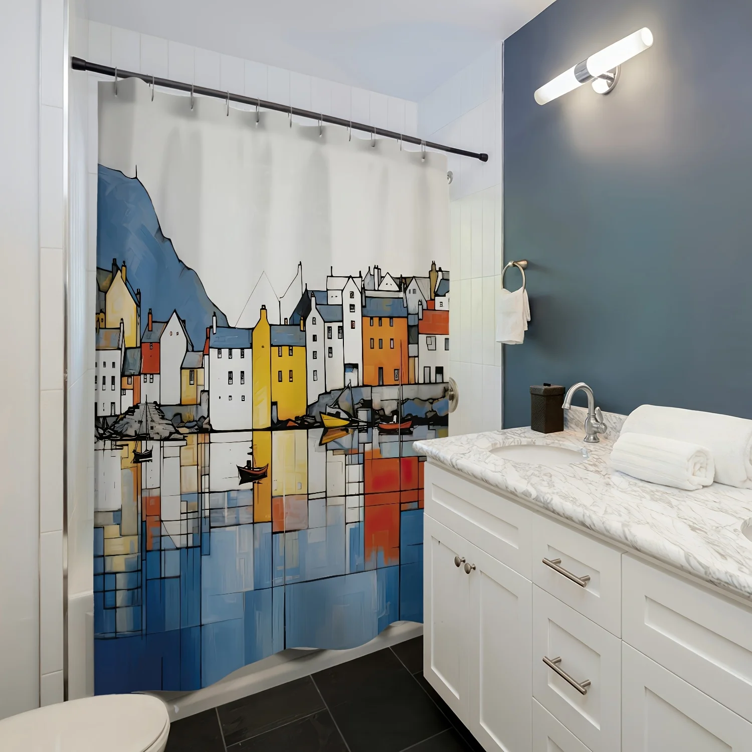 

«Красочная занавеска для душа «Прибрежный город», водонепроницаемая и декоративная для современной ванной комнаты, абстрактный дизайн дома и лодок»