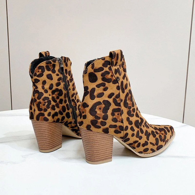 FHC Sexy Leopard High Heeled Ankle Boots,Women Short Botas,Autumn/Winter Shoes,Pointed Toe Booties,Side Zip,Size 35-42,Dropship