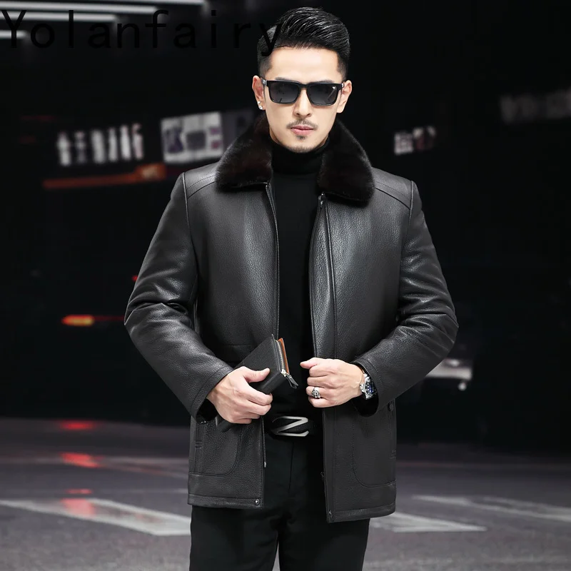 YOLANFAIRY Top Quality Real Goatskin Leather Jackets Man Winter Luxury 2025 Mink Fur Liner Coat Men Mid-length Warm Coats Jacket