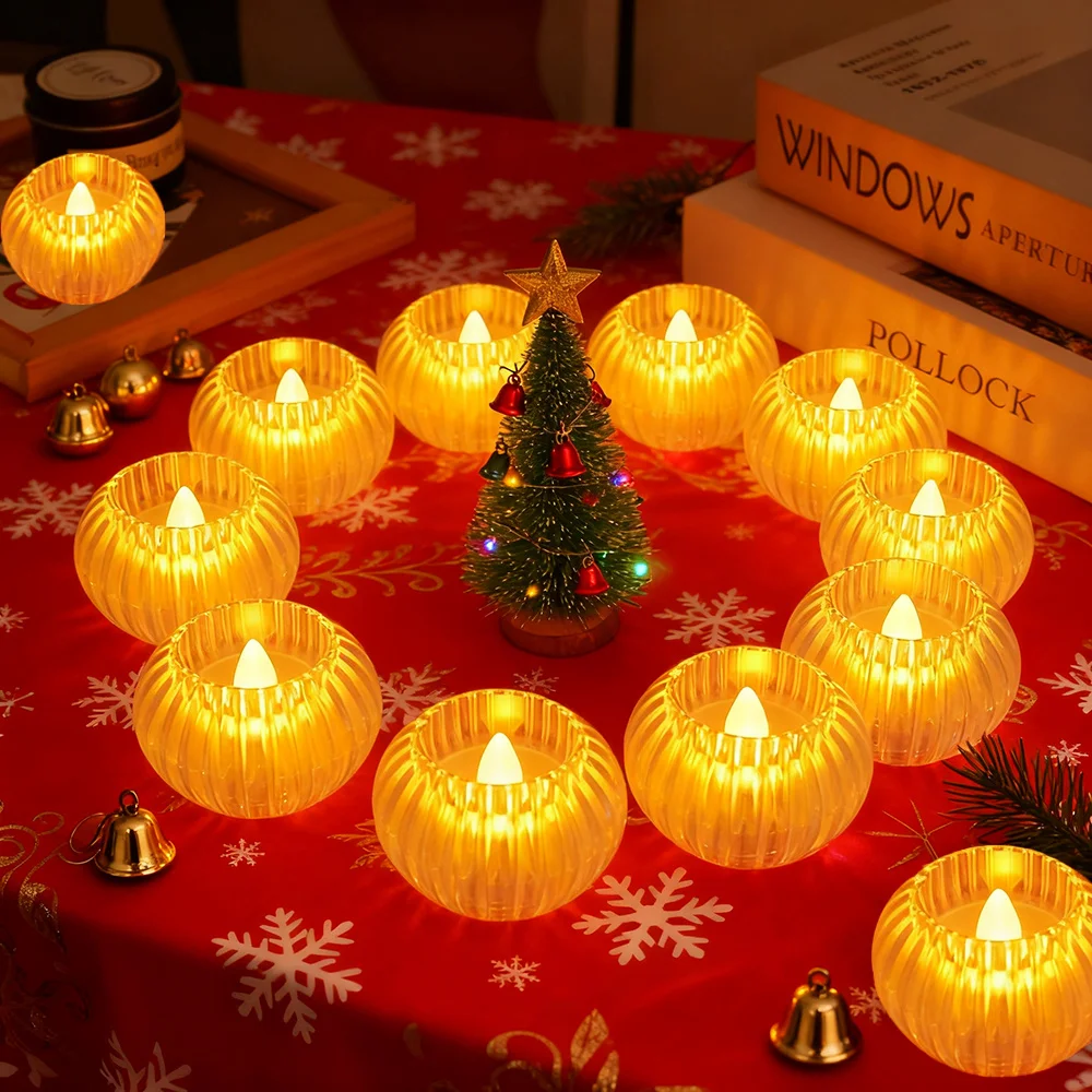 12pcs LED Round Candle Lights, Round Flameless Candle, Battery Operated Candle Night Light, Transparent Crystal Lamp