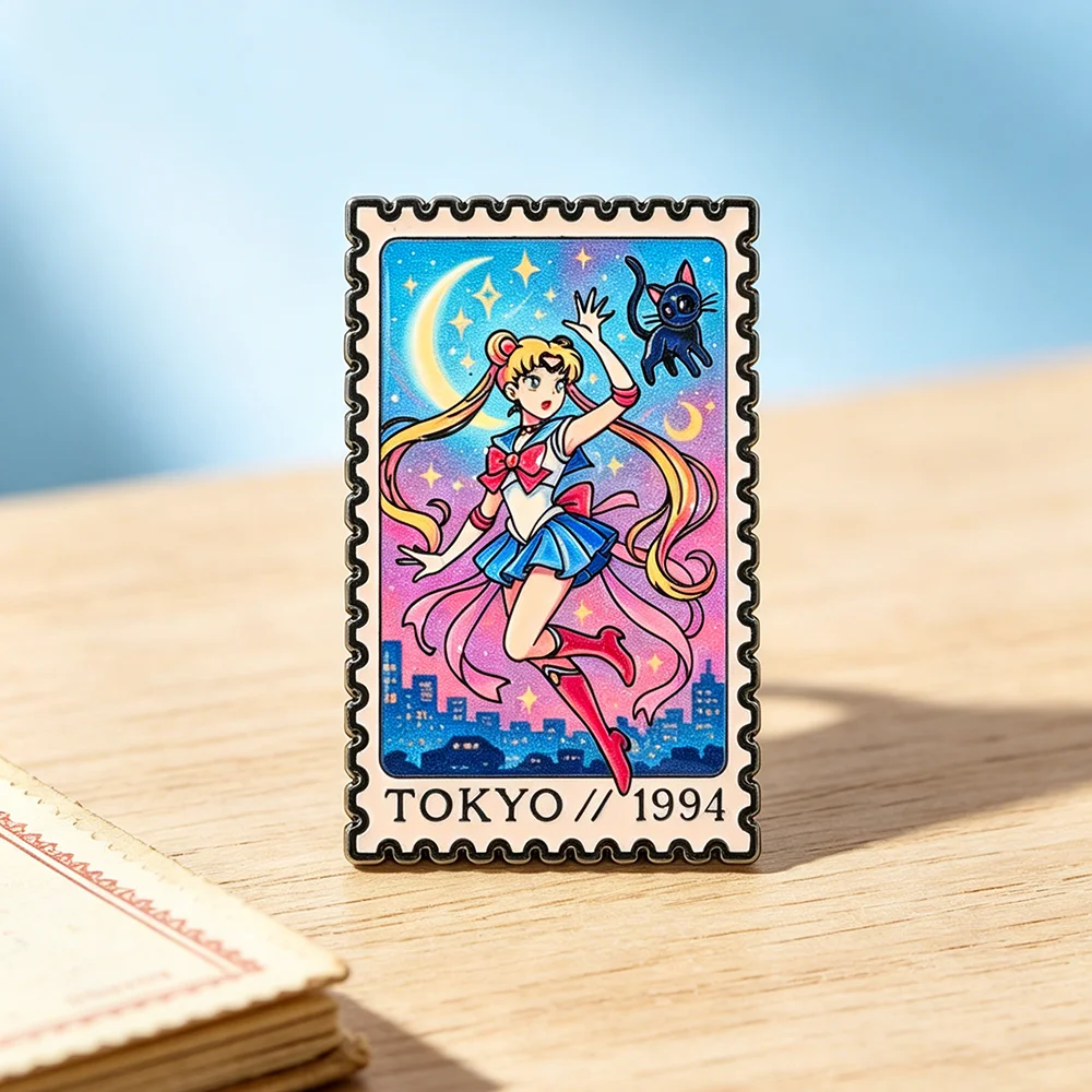 Vintage Stamp Shape Magical Girl Enamel Pin, Retro Anime Character Metal Lapel Badge for Clothing Backpack Decor Gift