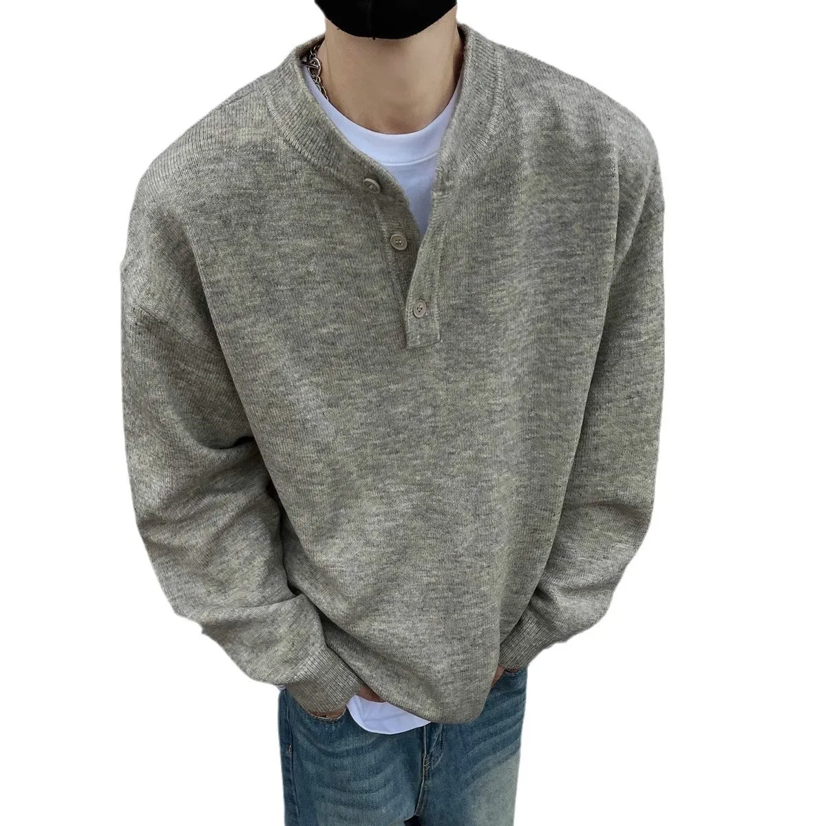 新しいメンズヴィンテージソリッドモックネックプルオーバー長袖ニットジャンパールーズフィットスタンダードウールわずかにストレッチボタンセーター