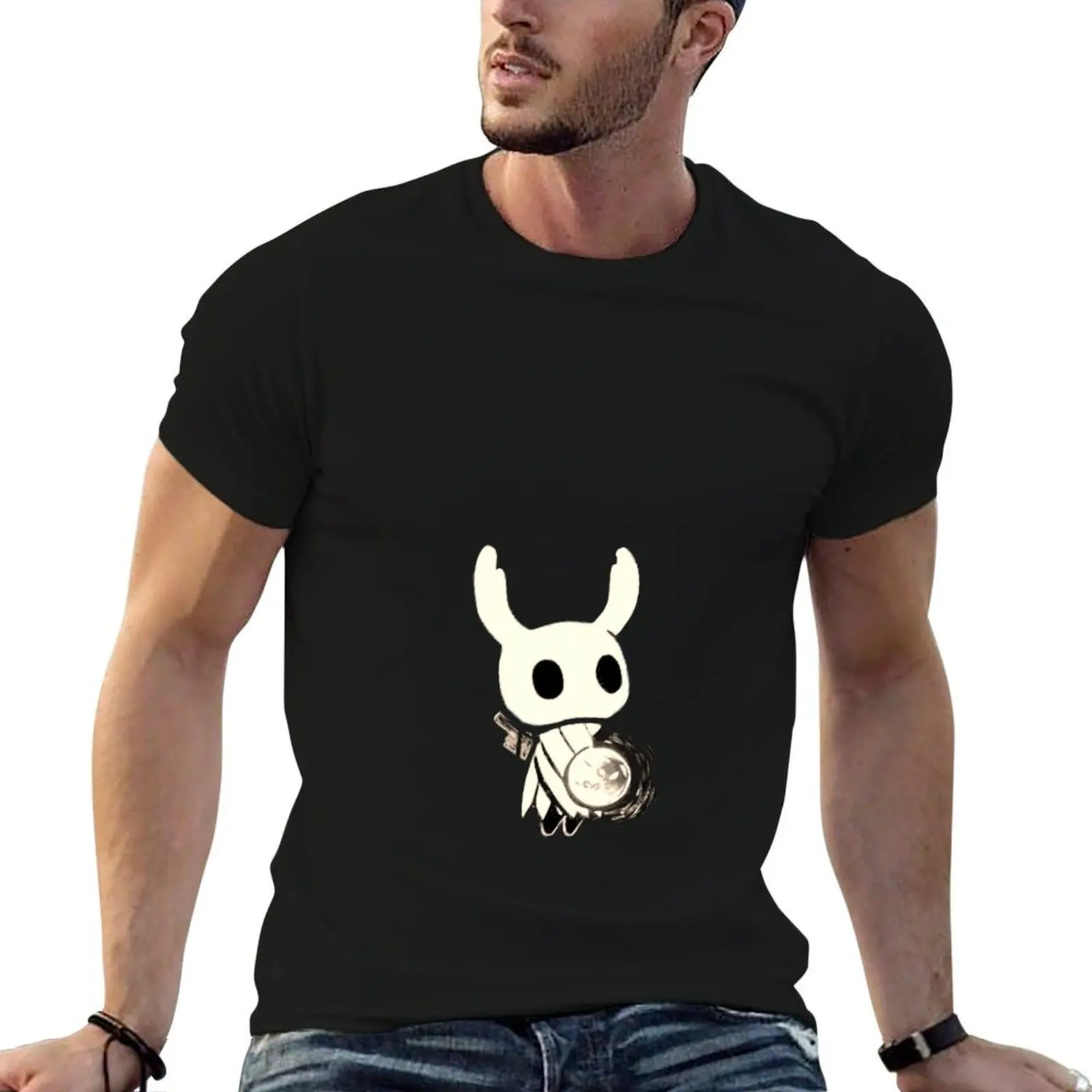 

The Knight From Hollow Knight - черно-белая футболка с рисунком, футболки для мужчин, облегающие футболки, футболка из 100% хлопка