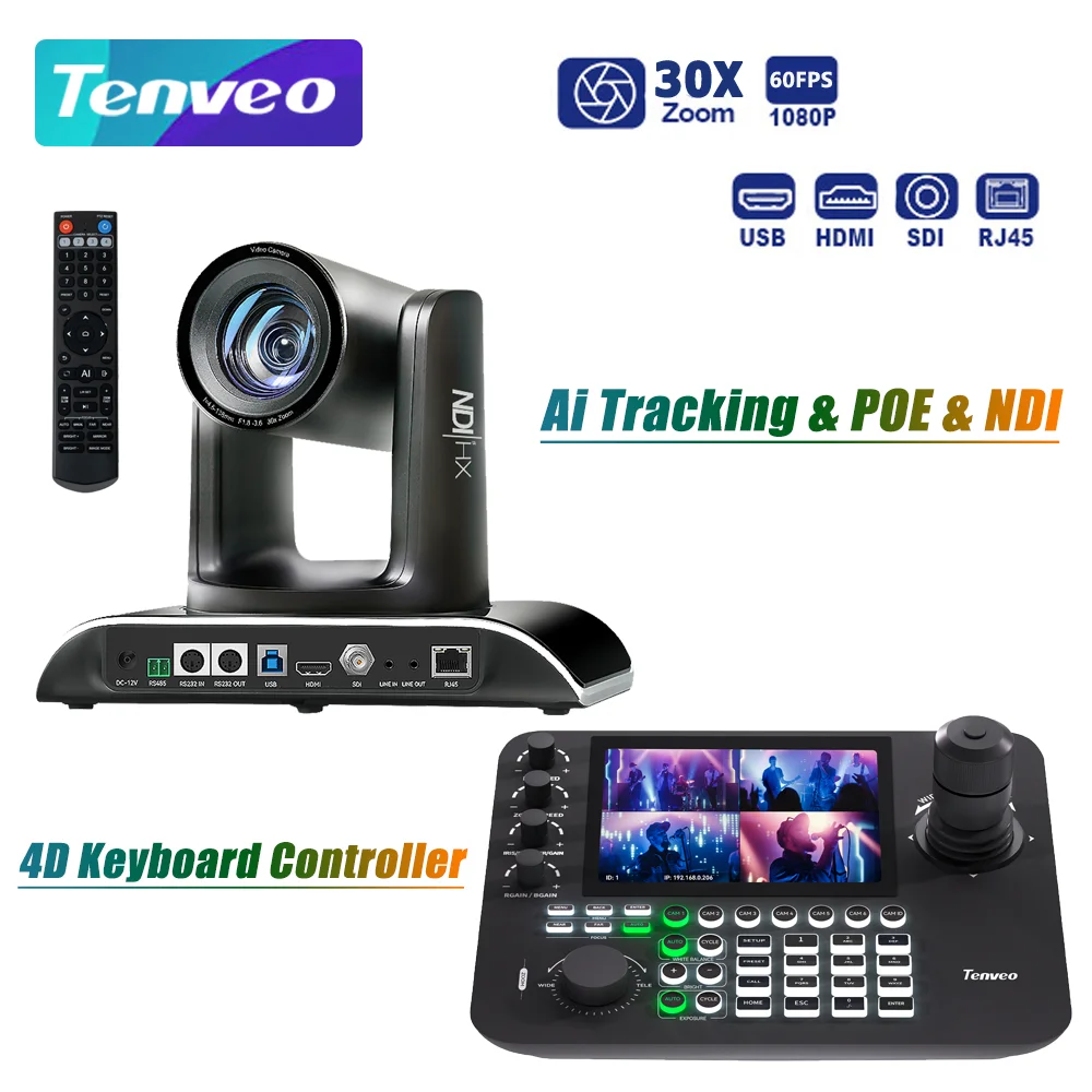30x NDI PTZ Conference Camera 4K Hottest Broadcast Live Streaming POE LCD 7inches 4 Split Screen Joystick Keyboard Controller