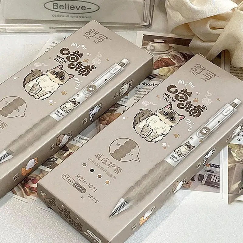 

Новые 4 шт. милых гелевых ручек в стиле кавай с кошачьим дизайном, выдвижные ручки с удобным захватом, черные чернила, для студентов и канцелярских принадлежностей