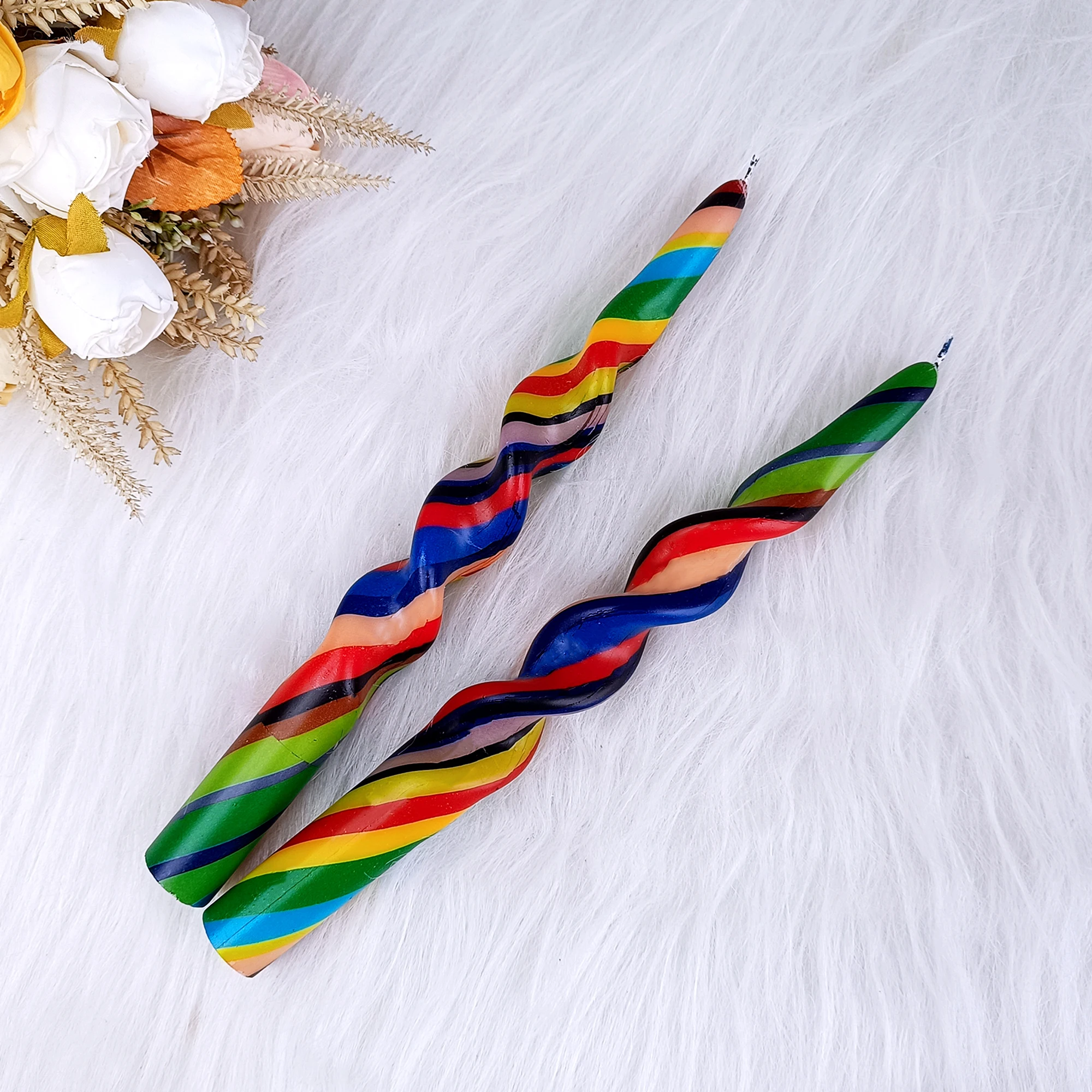 2 Smokeless Candles 9.8 Inch Unscented Smokeless Flame Smooth Rainbow Print Handmade Spiral Stick Candles Gifts Home Candles