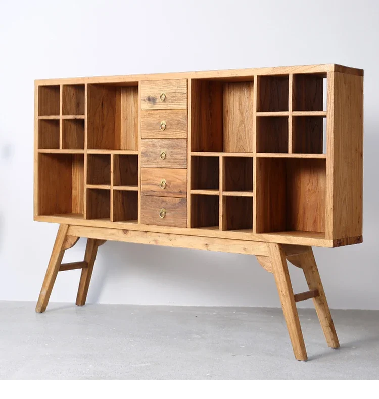 

Side cabinet All solid wood tea museum rack Old elm weathered tea cup rack cabinet