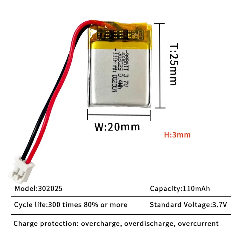 302025 3.7V 110mAh Li-Polymer Battery Li-Po for Bluetooth Devices GPS Security Equipment Mini camera Smart Lock