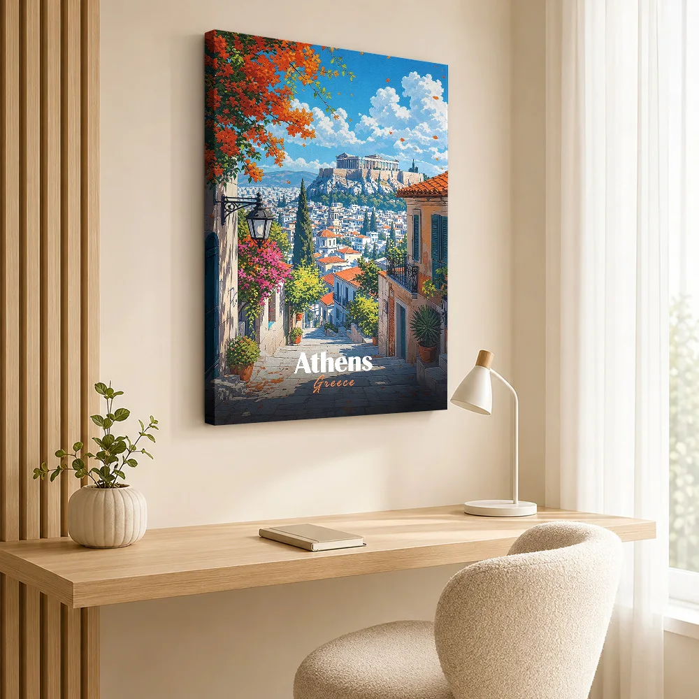 Athens Cityscape With Acropolis Canvas Print Personalized Photo Illustrated Wall Art For Travel Agency, Architecture Lover Gift