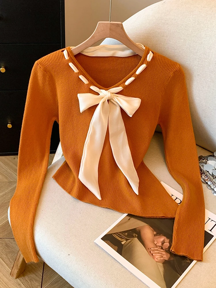 

Оранжевый вязаный длинный женский топ-футболка с узлом, облегающий, базовый, стильный, для прогулок, модный