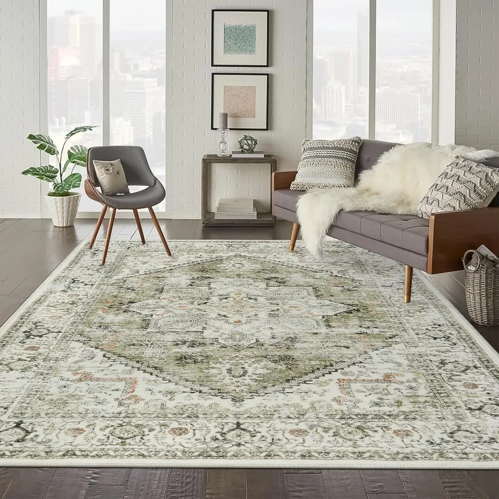 Washable Area Rug 8x10 - Large Vintage Tribal Living Room Oriental Rug for Bedroom, Carpet Print Distressed Rug