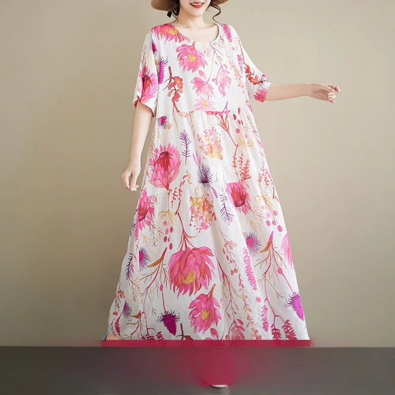 

Pink Floral Print Bohemian Casual Vacation Retro round Neck Short Sleeve Loose A-Line Dress City Walk Cotton Blend Summer Dress