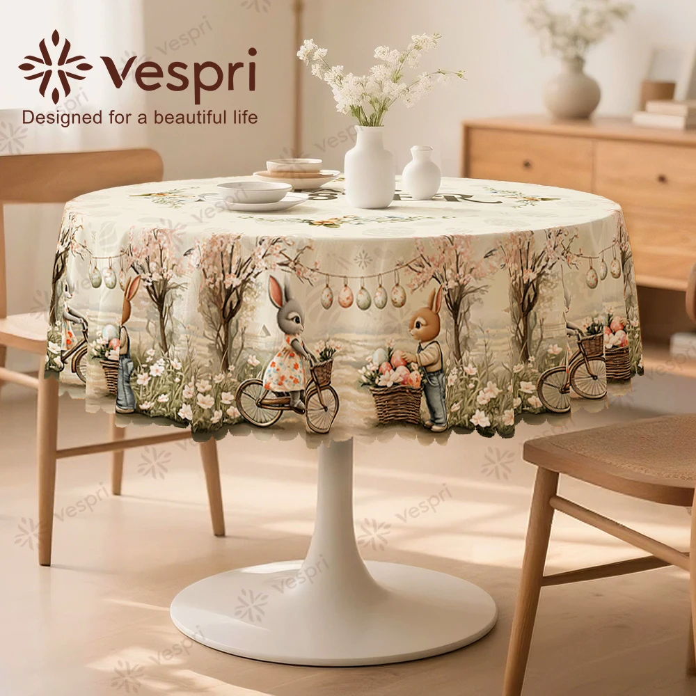 Vespri Easter Tablecloth Polyester Round Rectangle Oval White Pink Rabbit Bicycle Flower Decor for Restaurant Party Festival