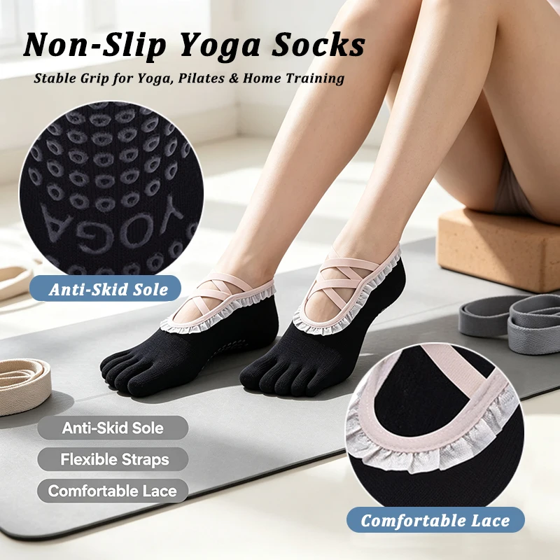 Women Bandage Backless Yoga Socks Ladies Lace Non-Slip Pilates Socks Indoor Ballet Dance Fitness Workout Cotton Socks