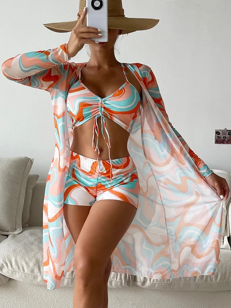 Women Bathing Suit 3 Piece Swimsuit Kimono High Waist Bikini Shorts Trunks Long Sleeve Beach Cover Up Swimwear Print Bikinis