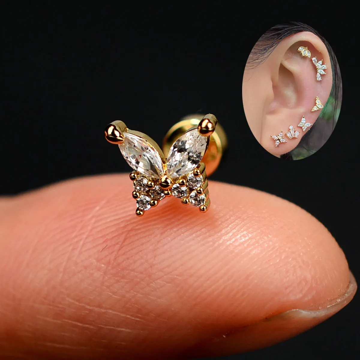 1Piece Stainless Steel Zircon Flat Stud Earring for Women Mini Cartilage Piercing Crystal CZ Cartilage Tragus Lobe Screw Earring