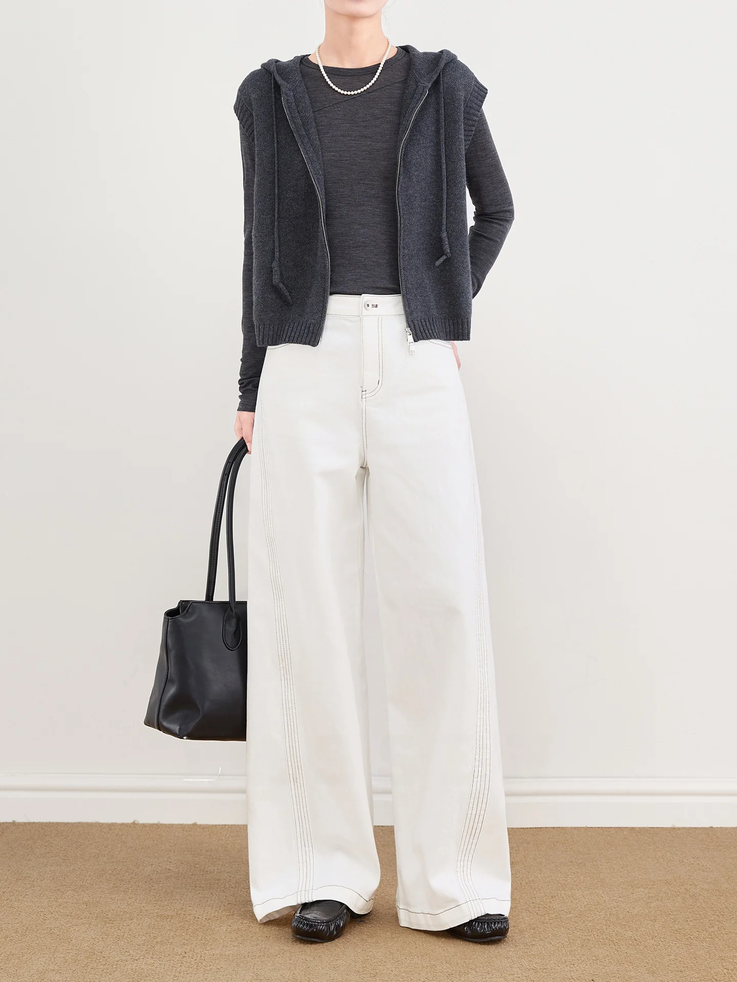 

High Waist Wide Leg Jeans Women's Sewing Line Design Casual Floor-Length Pants Cotton Stretch Comfortable Wear All Seasons