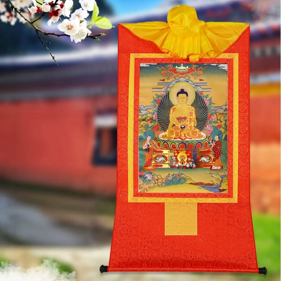 Traditional Tibetan Shakyamuni Buddha Thangka, Exquisite Gold Gilt Print on Red Silk Brocade Scroll for Living Room Decor