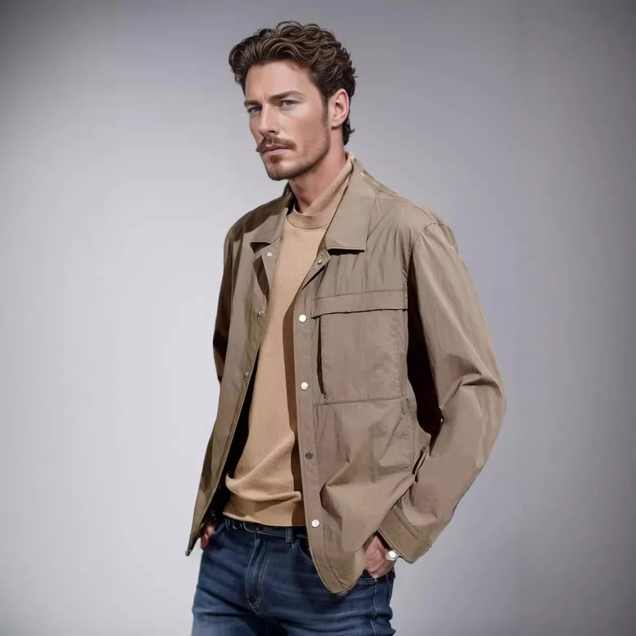 Spring Autumn New Fashion Men’s Simple Basic Solid Color Turn-down Collar Multi Pocket Casual Trendy Jacket Male Clothes Coat