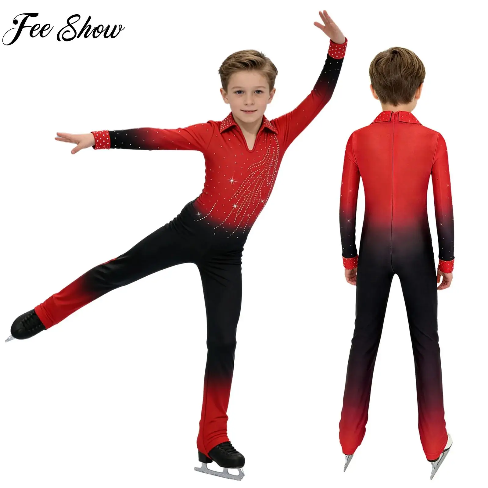 

Kids Boys Figure Skating Athletic Dance Costume Long Sleeve Rhinestones Color Gradient Bodysuit Gymnastics Performance Jumpsuit