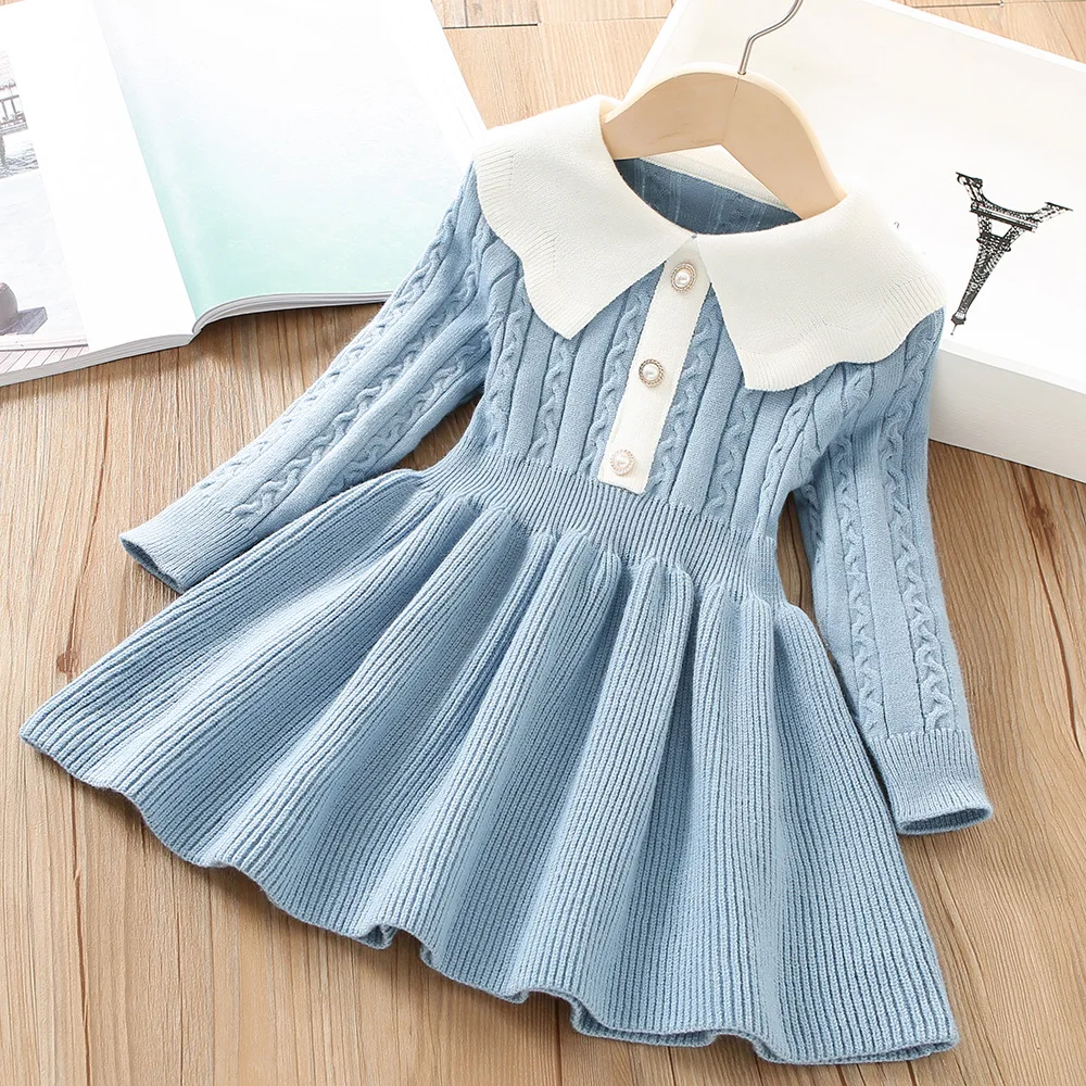 4960 Girls' Sweater Dress 2024 Winter New Korean Solid Color Baby Girl's Knitted Sweater Long-sleeved Princess Skirt