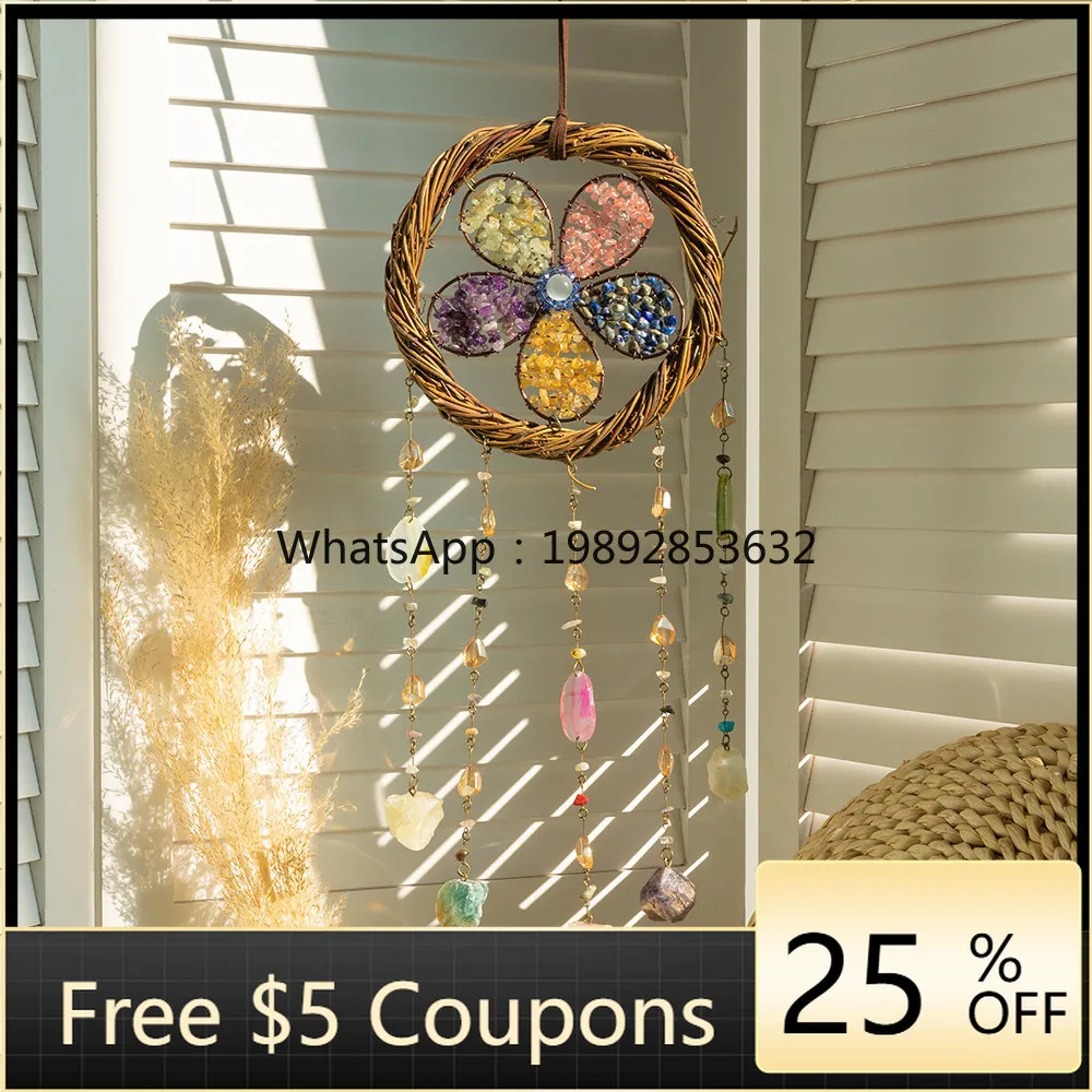 Retro style hand-woven rattan ring pendant colored crystal gravel sunshine catcher creative decorative pendant