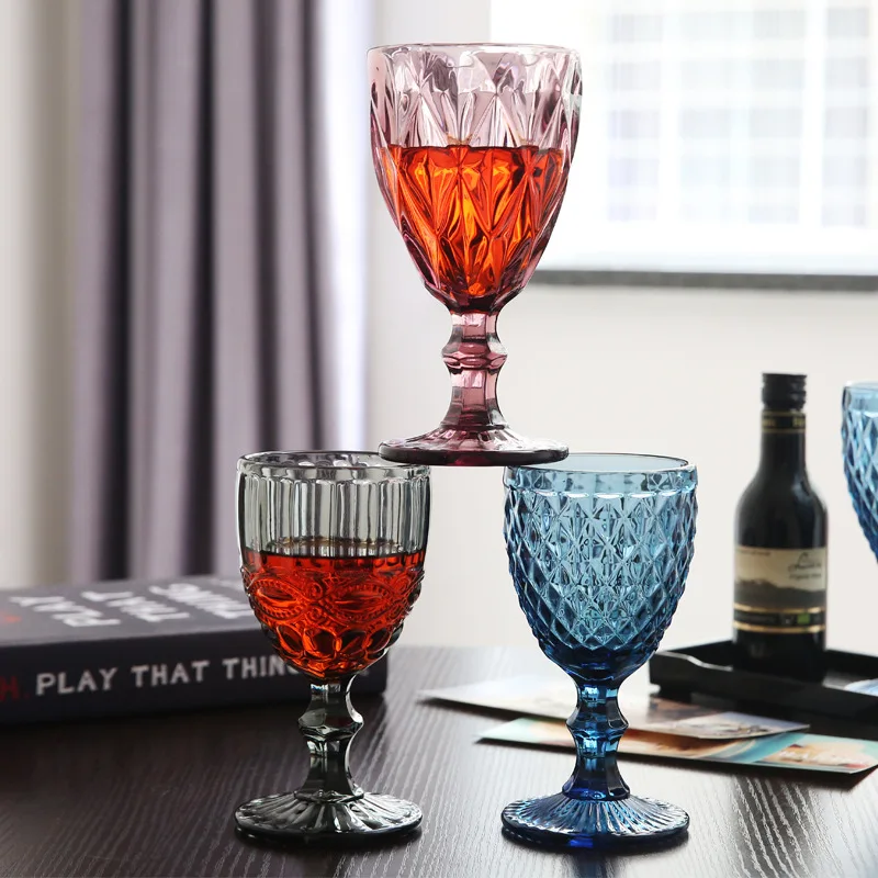 

3Pcs relief red wine glass thickened glass wedding goblet colored retro wine glass