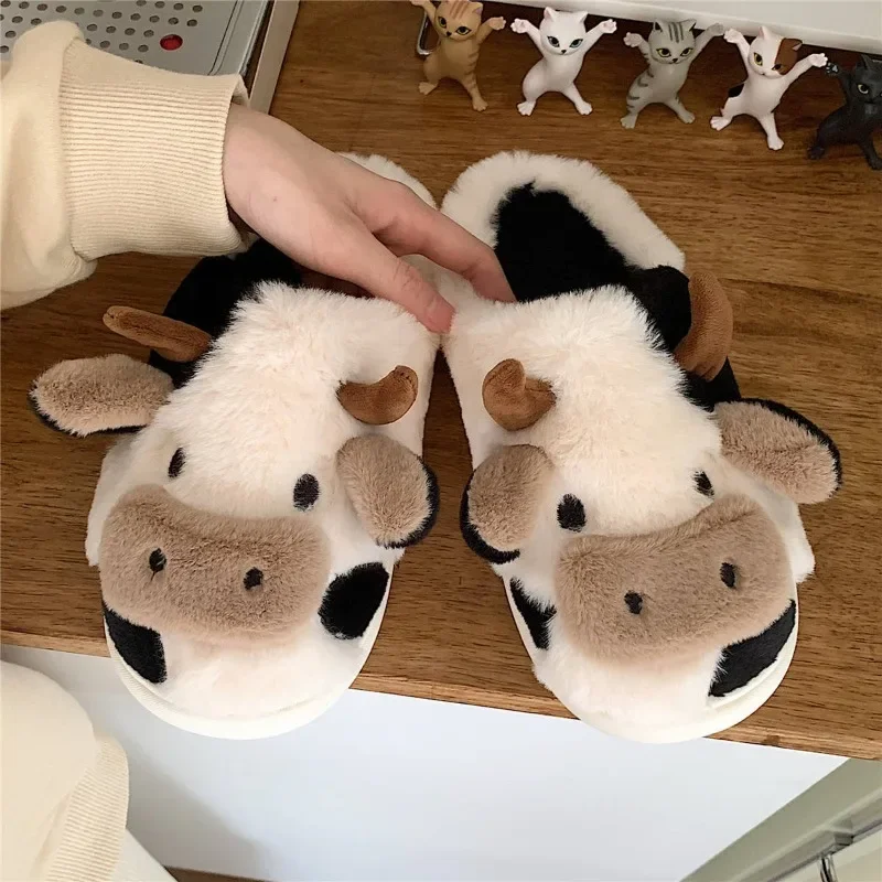 Cute cow cotton slippers winter fashion furry slippers girls indoor home warm plush shoes couple shoes 2024 new cotton slippers