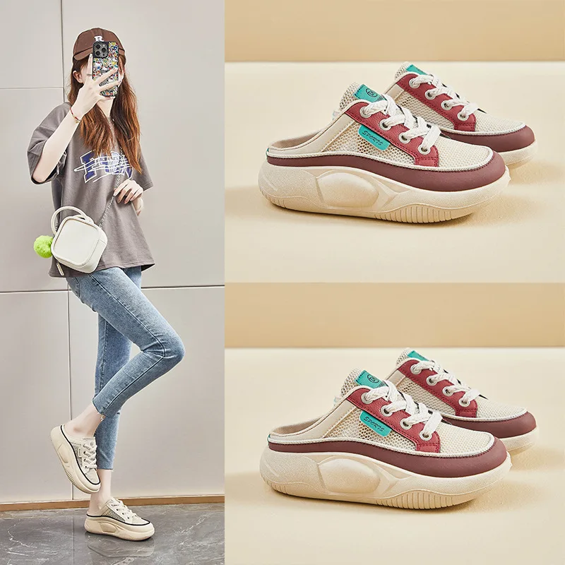 2024 Summer Half Pack Platform Shoes for Women The New Fashion Mesh Surface Platform Women Vulcanized Shoes Zapatos De Mujer