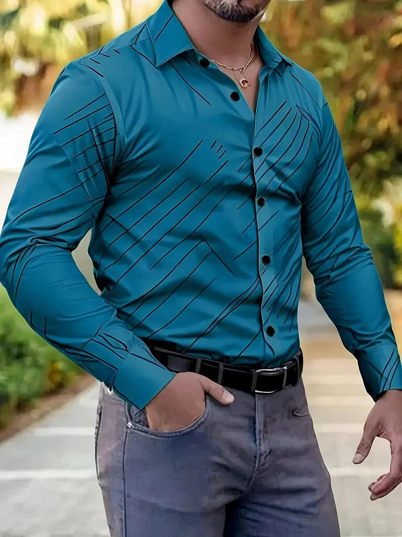 

Men's fashion Hawaiian long sleeved lapel button up shirt with fashionable stripe print for vacation and leisure
