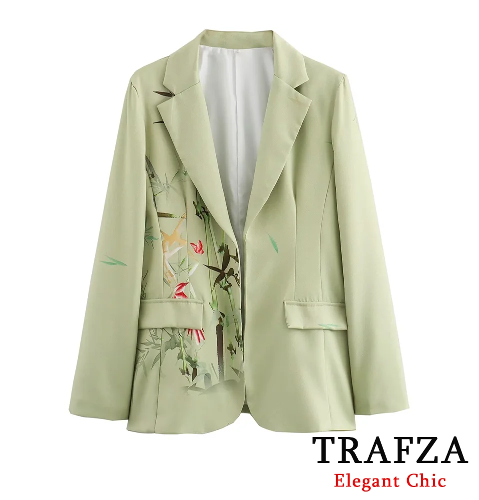 

TRAFZA Elegant Casual Cardigan Blazer Women's Lapel Buttons Bamboo Print New 2024 Autumn Fashion High Street Casual Blazers