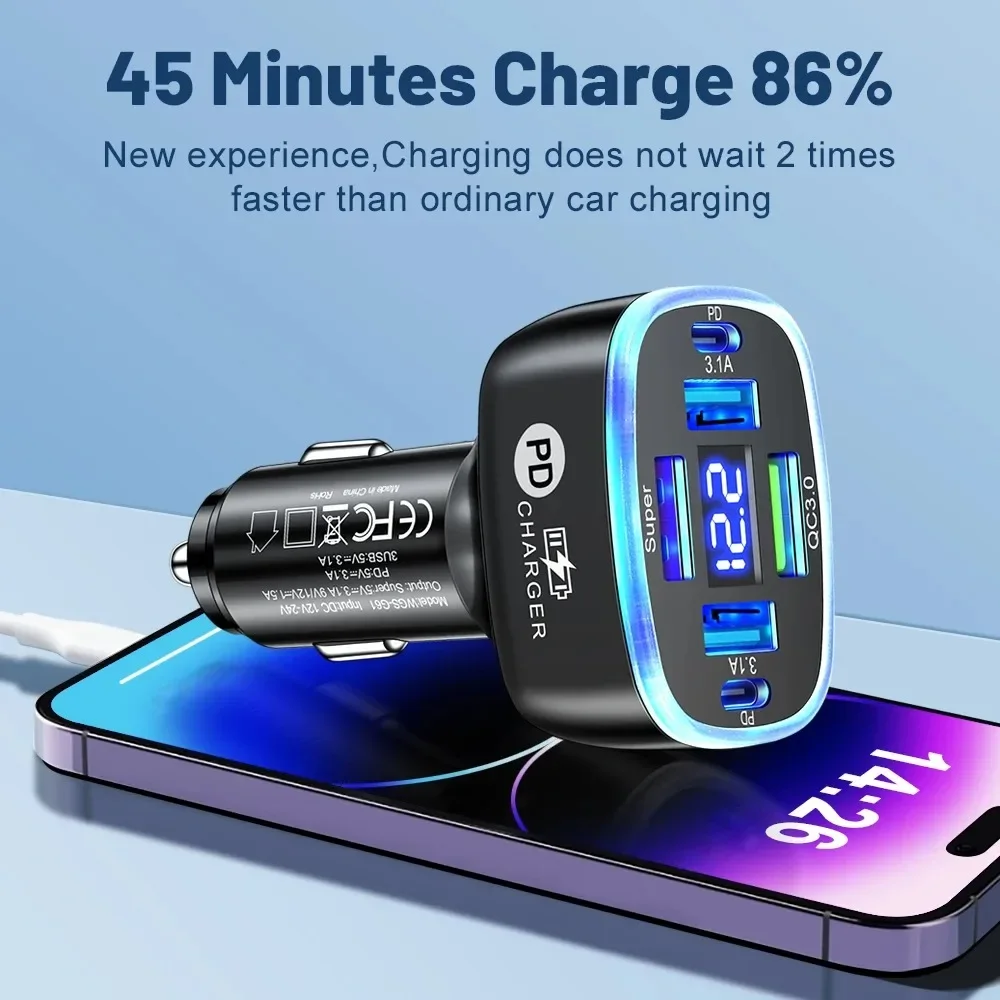 150W 6 Ports Car Charger Fast Charging PD QC3.0 USB C Car Phone Charger Type C Adapter in Car For iPhone Samsung Huawei Xiaomi