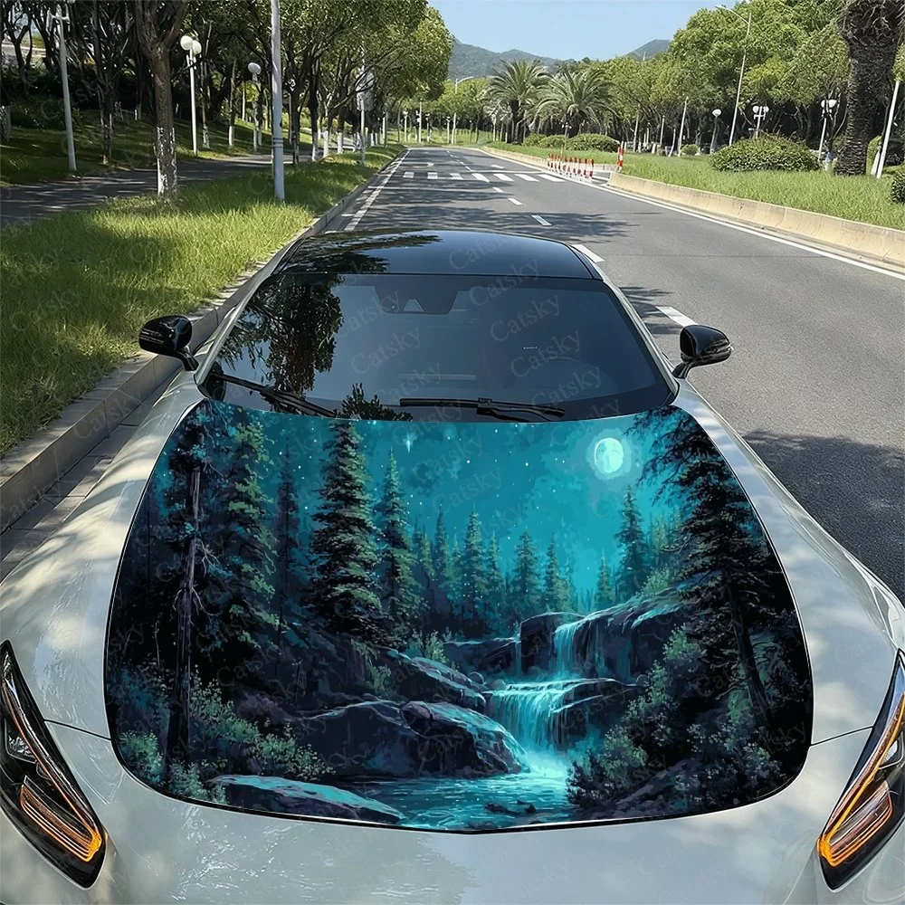 

Forest waterfall scene with moonlit sky, vivid blue tones, serene nature design for car hood.Car hood sticker