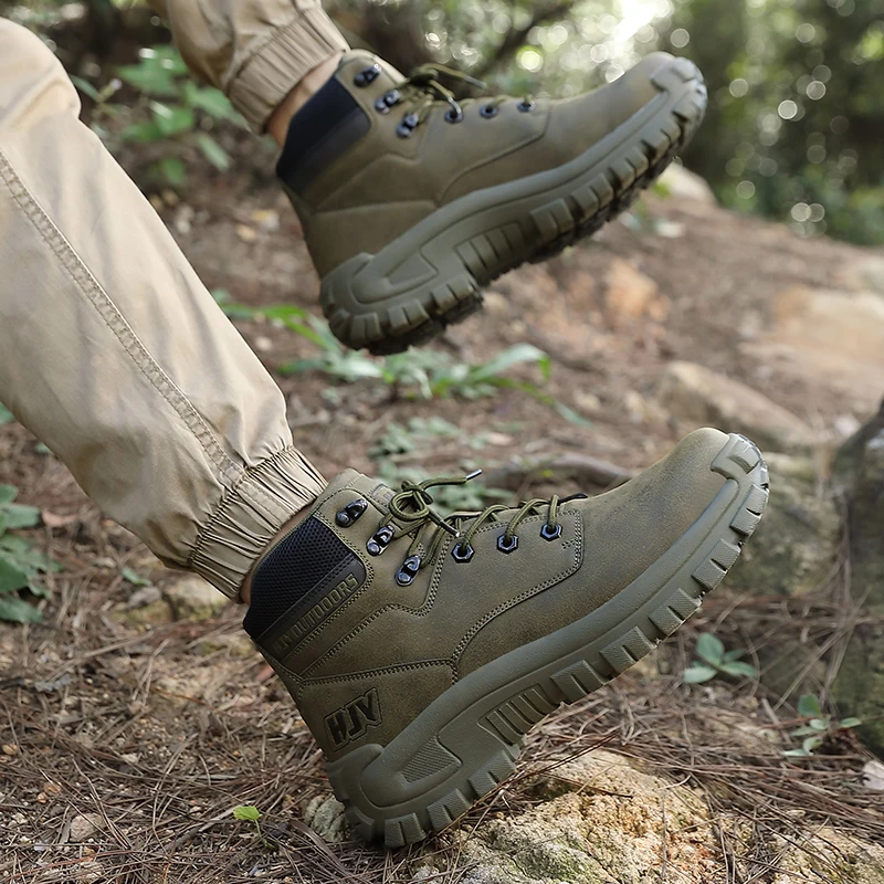 High-Top Leather Men's Boots Breathable Desert Combat Boots Outdoor Non-slip Hiking Boots Men Motorcycle Boots Work Ankle Boots image 5