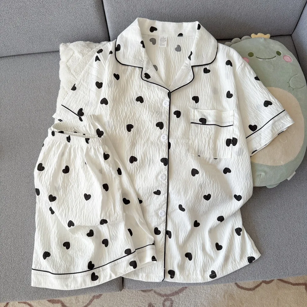 Thin Women's Summer Pajamas Sweet Heart Pattern Short Sleeves Shorts Breathable Cloud Cotton Home Wear Set Can Be Worn Outside