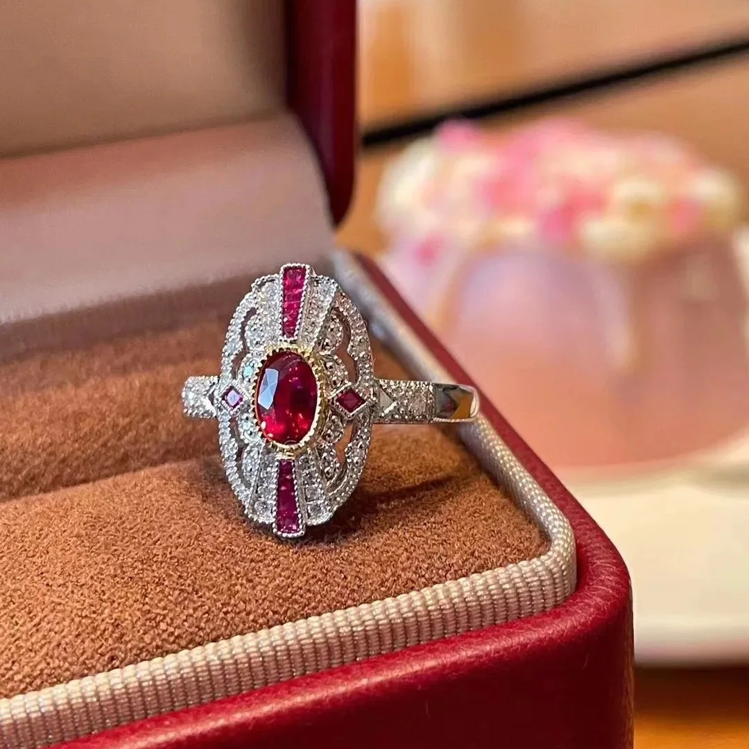 Foydjew Vintage Edward Artdeco desain dua warna cincin emas bertatahkan simulasi merpati darah merah Ruby cincin korundum merah untuk wanita