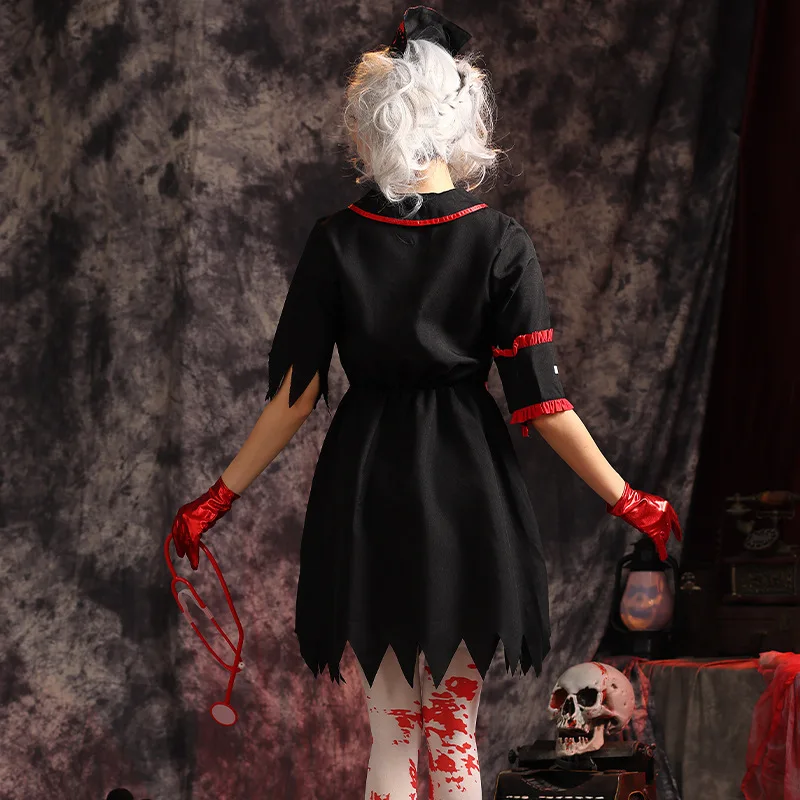 Black Women Bloody Nurse Doctor Cosplay Female Halloween Zombie Walking Dead Costumes Carnival Purim Role Play Show Party Dress