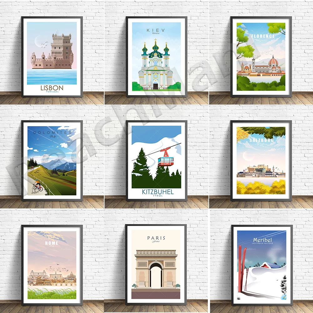 

Alps, Kitzbühel ski resort, Salzburg, Austria, Dresden, Rome, Florence, Italy, Ukraine, Greece, Cornwall landscape travel poster