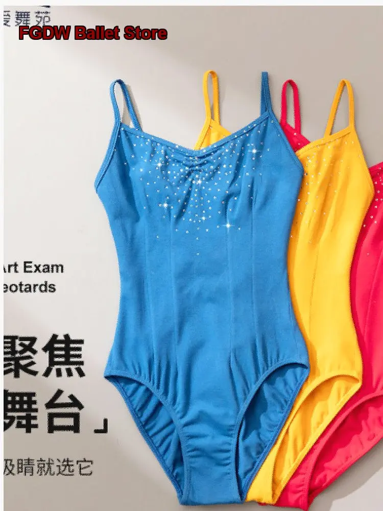 Women's Ballet Leotard Rhinestone Decorated Practice Leotard High Cut Body Suit Dance Performance Costume Unitard Art Exam