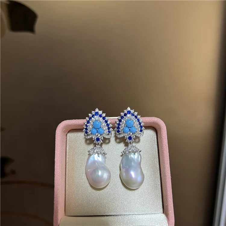 Natural White Keshi Baroque Pearl Blue 925 Silver Plated CZ Paved Stud Dangle Earrings For Women