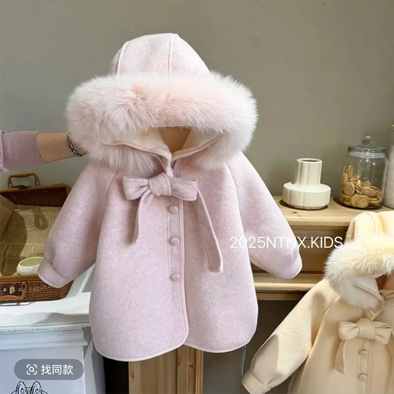 Kids Clothes Warm Winter Thick Baby Girls Cotton Outwear Artificial fur collar Sweet Princess Snow Hooded Long Jacket Coat