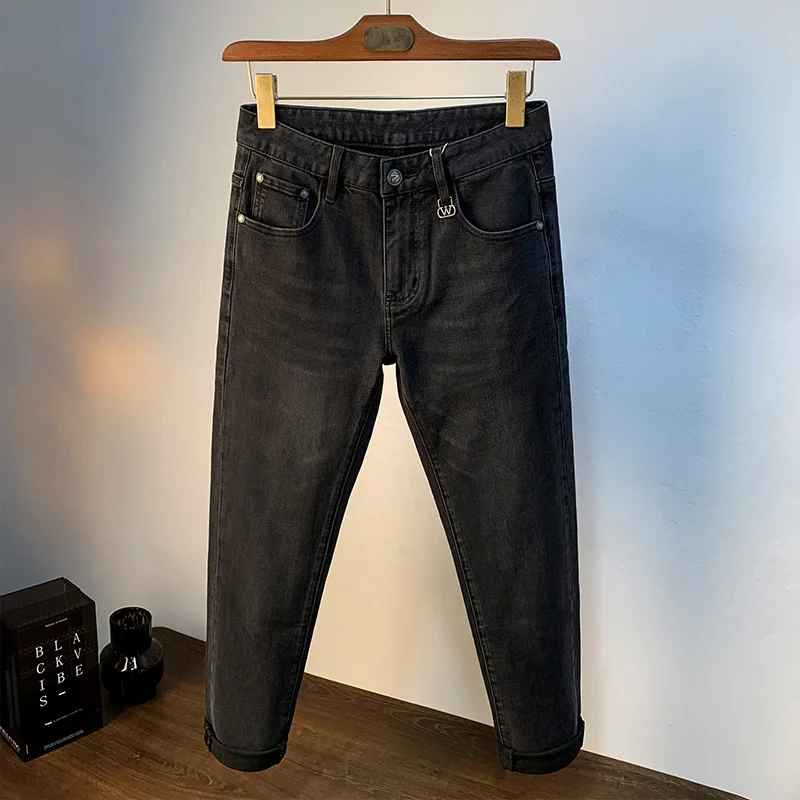 Calça jeans leve de perna reta masculina, jeans preto, elástico, magro, simples, elegante, casual, na moda, outono, 2024