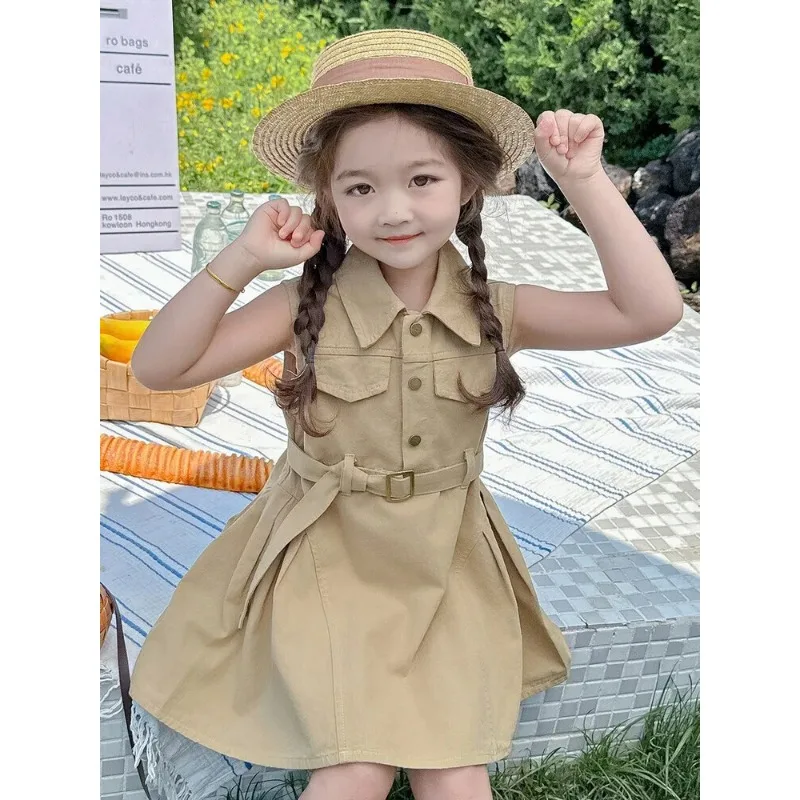 

Girl's Birthday khaki cotton Sleeveless Dress Summer Thin 2025 New Children's Fashionable Loose Waist Tank Top Casual Dresses