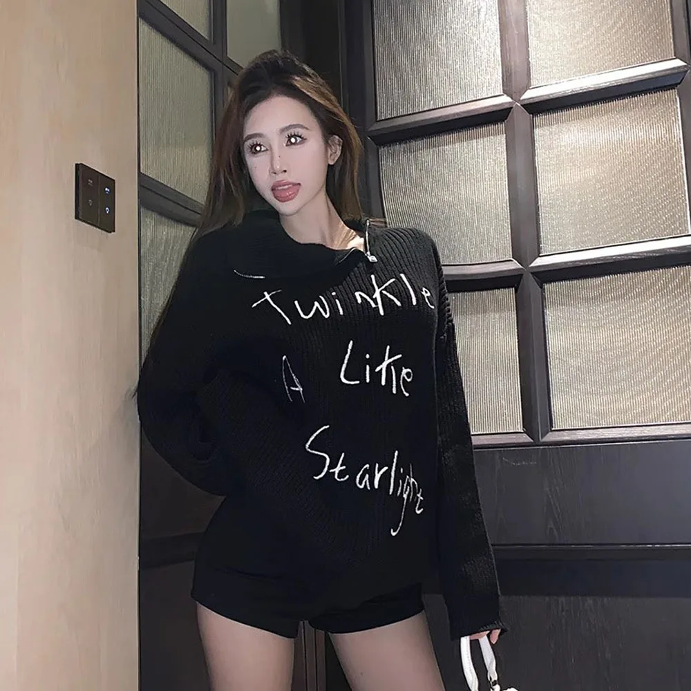 Embroidered Letter Black Sweater Women's Autumn Winter Lazy Style Zippes Turtleneck Pullovers Female Casual Loose Knitted Tops