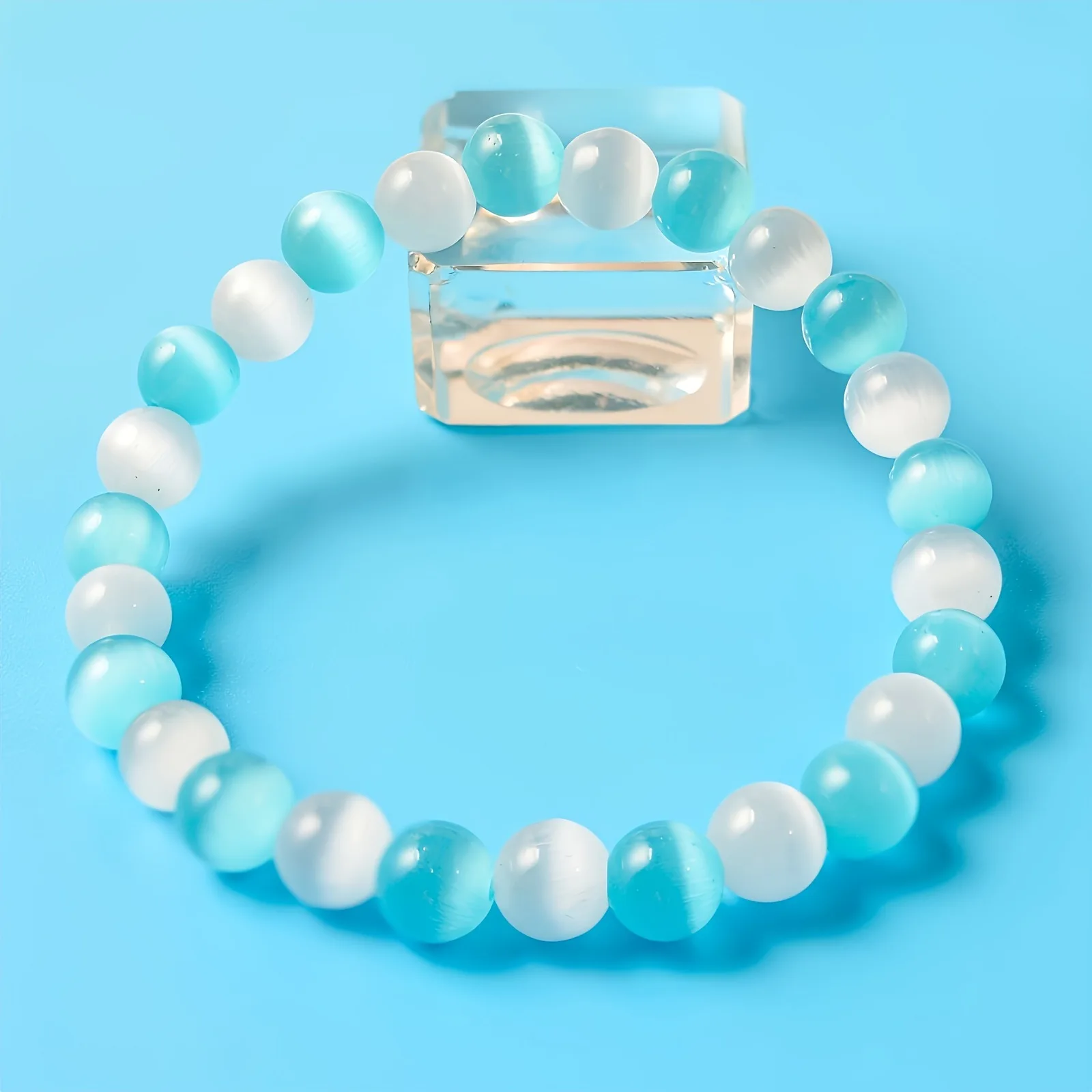 Rosa-weiß-blaues Katzenaugen-Stein-Armband für Frauen, natürlicher Kristall, Glücksperlen-Schmuck, Geschenk für Reichtum und Karriere – Detail 5