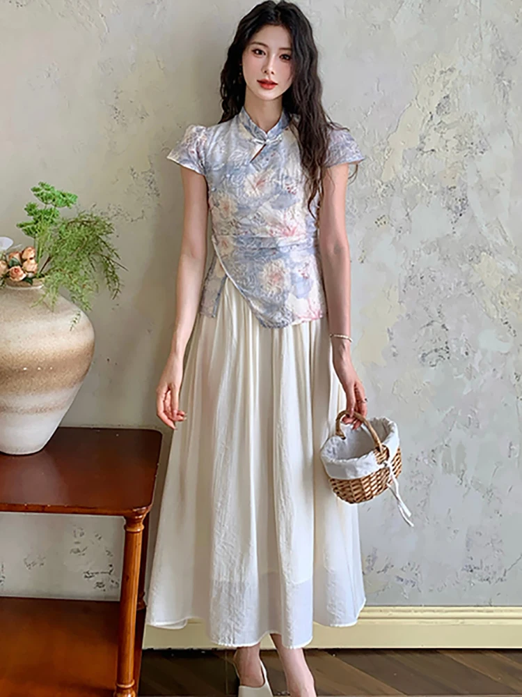 

2025 Korean Vintage Bodycon Luxury Long Dress Summer Print Patchwork Fake Two Piece Dress Women Elegant Chic Fesitval Prom Dress