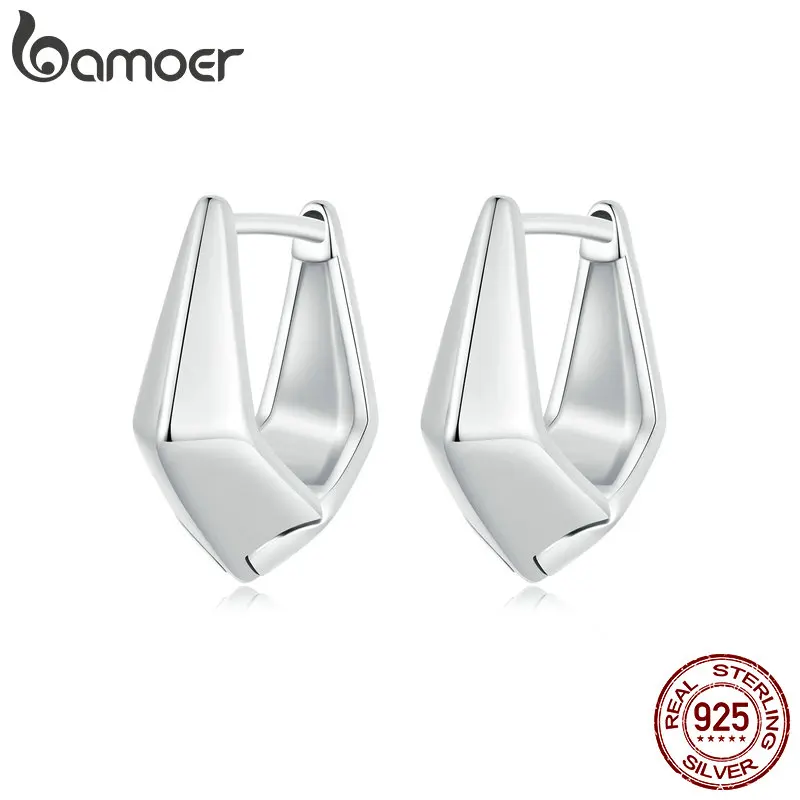 BAMOER 925 Sterling Silver Simple Geometric Ear Buckles Punk Style Metalic Hoop Earrings for Women Daily Fine Jewelry