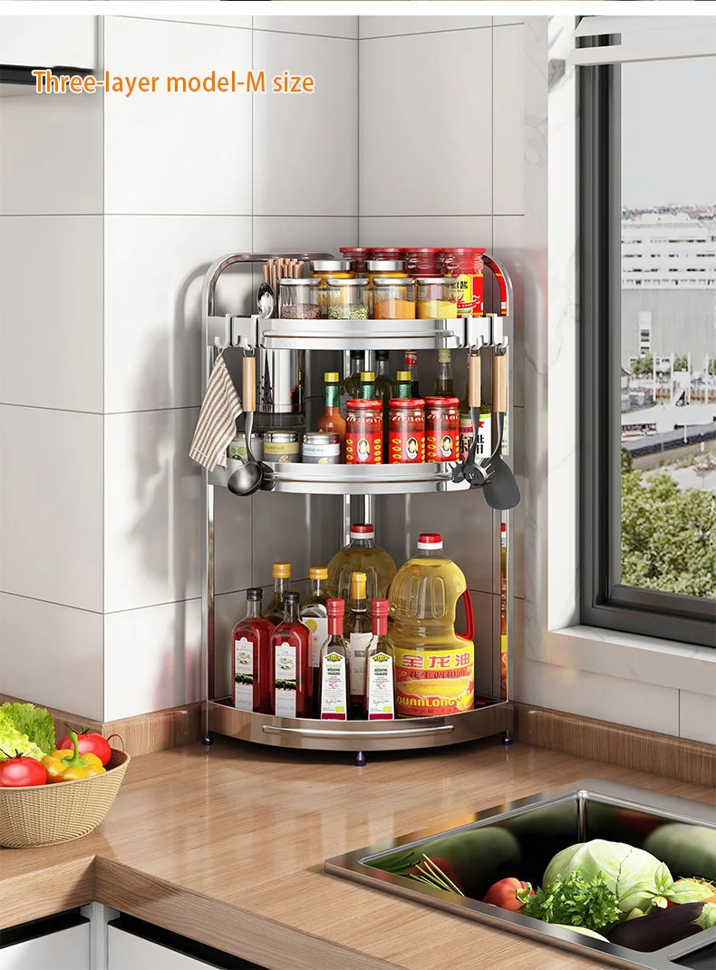 Spice Racks Kitchen Corner Multi-layer Shelf Corner Storage Wall Hanging No Punching Shelf Punching-free Triangle Rack Stainless