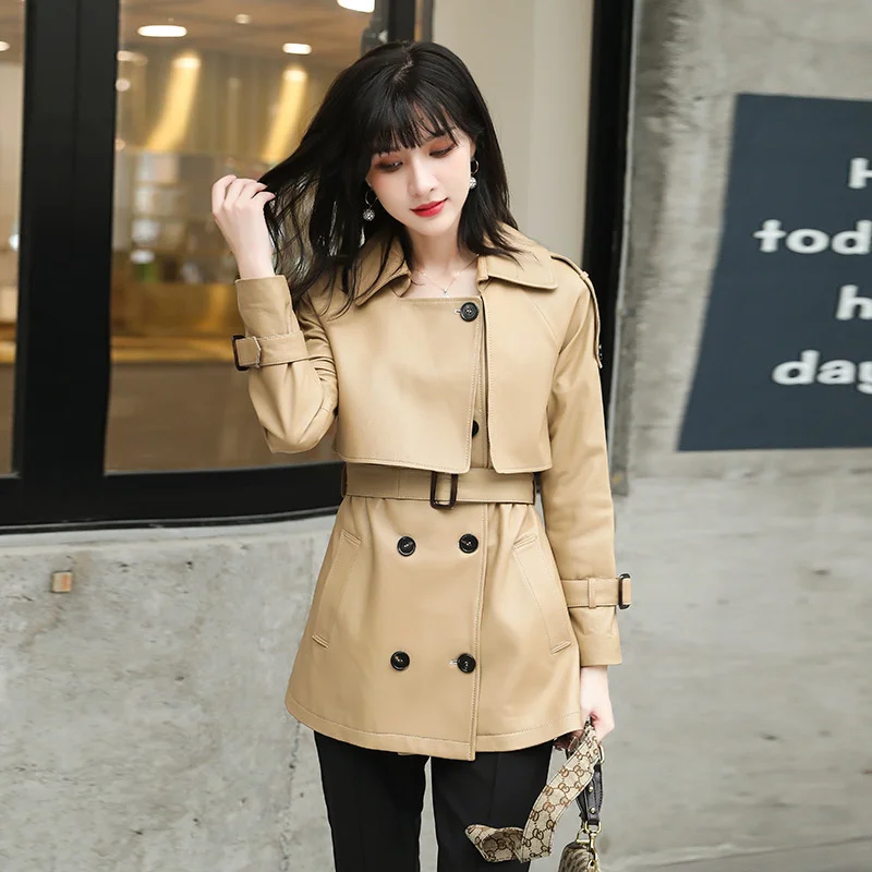 British Style Trend Sheepskin Windbreaker Jacket Women's Spring Mid Length Solid color Lapel Slim Fit Genuine Leather Overcoat