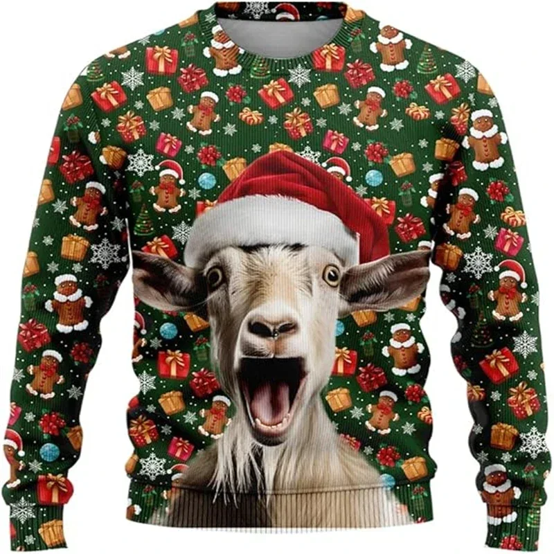 Men\'s Long Sleeves Funny Animal Goat Graphic Christmas Sweater Fashion Pet Cat Dog Sweatshirts Clothes Xmas Gift Pullovers Tops